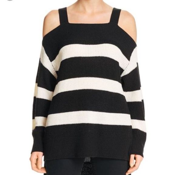 ⭐️ SANCTUARY ⭐️ “AMELIE” COLD SHOULDER BLACK & WHITE STRIPED SWEATER SIZE:SMALL - Picture 2 of 5